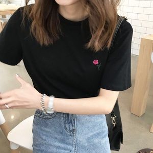 Black tee with rose embroidery
